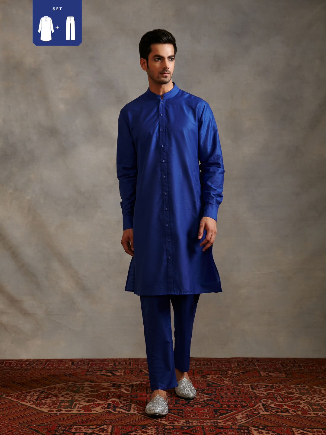 Banarasi buttoned down kurta with churidar- Imperial blue