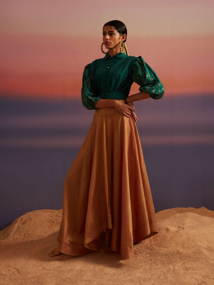 Coral-Green Banarasi Button Down Crop Top