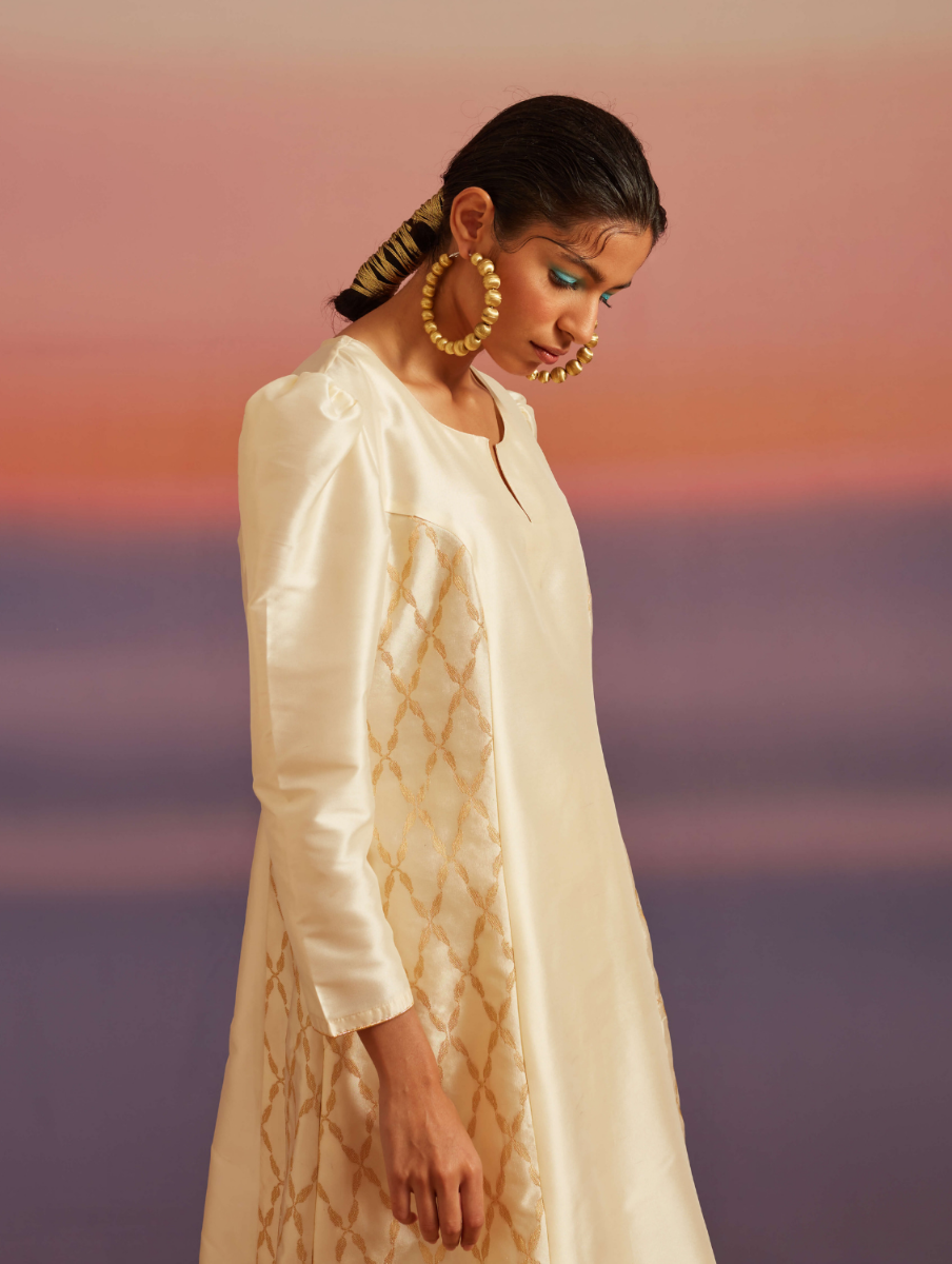 Cloud-Cream Pricness Seam Flared Banarasi Kurta