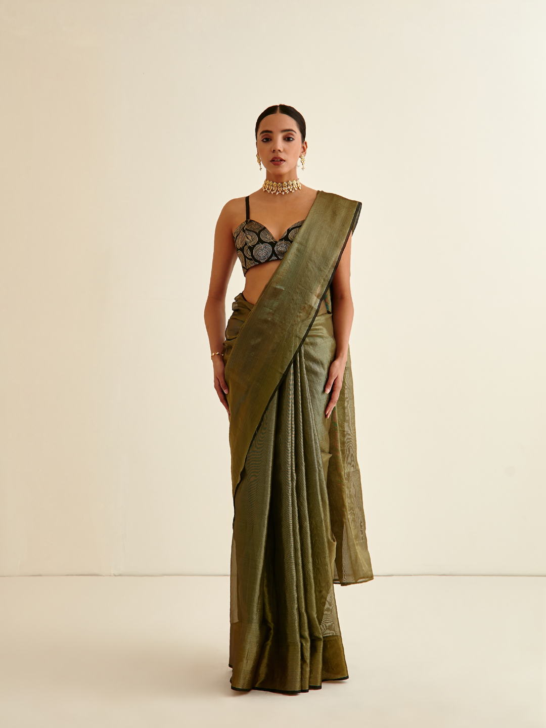 Tissue silk sari-Dark olive