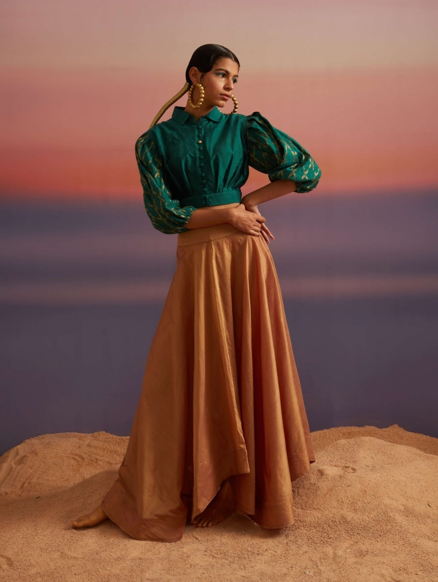 Coral-Green Banarasi Button Down Crop Top