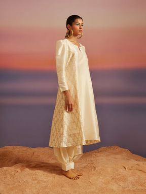 Cloud-Cream Pricness Seam Flared Banarasi Kurta
