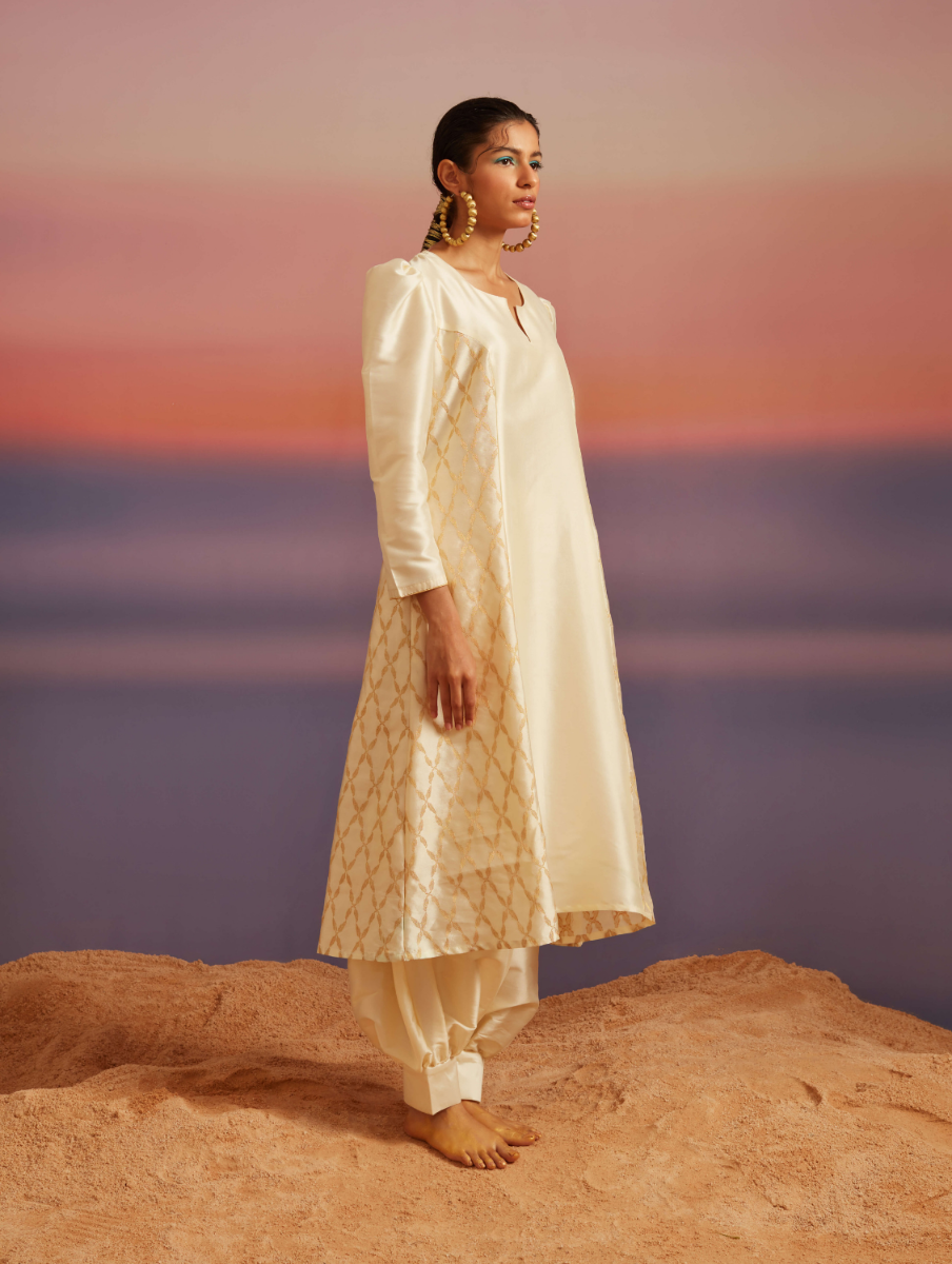 Cloud-Cream Pricness Seam Flared Banarasi Kurta