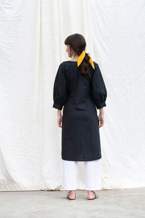 Midnight Black Cotton Poplin A-Line Kurta With Pants