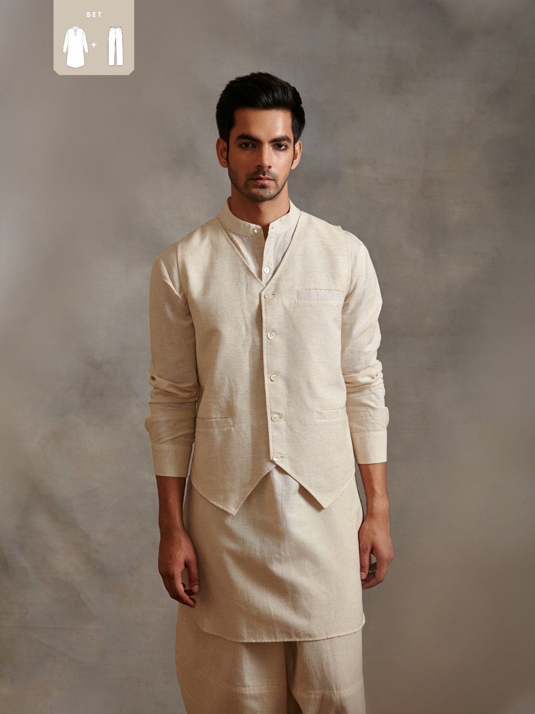 Straight cotton flax kurta Set - Ecru white