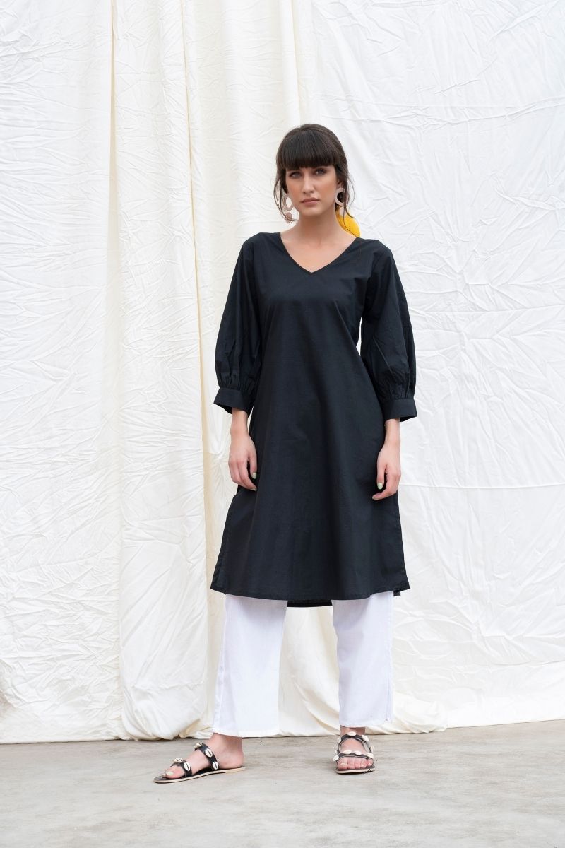 Midnight-Black Cotton Poplin A-Line Kurta