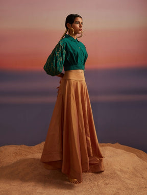 Coral-Green Banarasi Button Down Crop Top