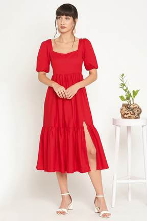 Puff sleeves midi tiered dress with slit-Ruby Woo