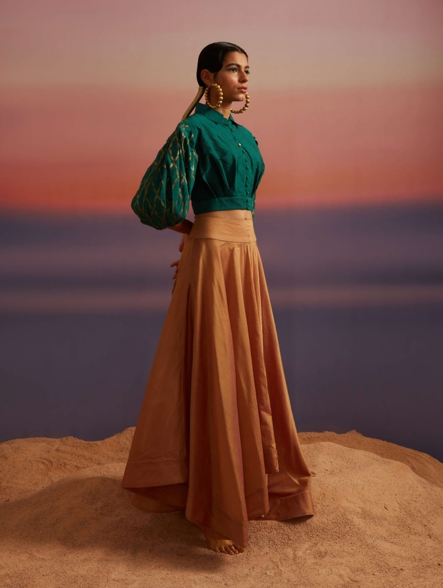 Coral-Green Banarasi Button Down Crop Top