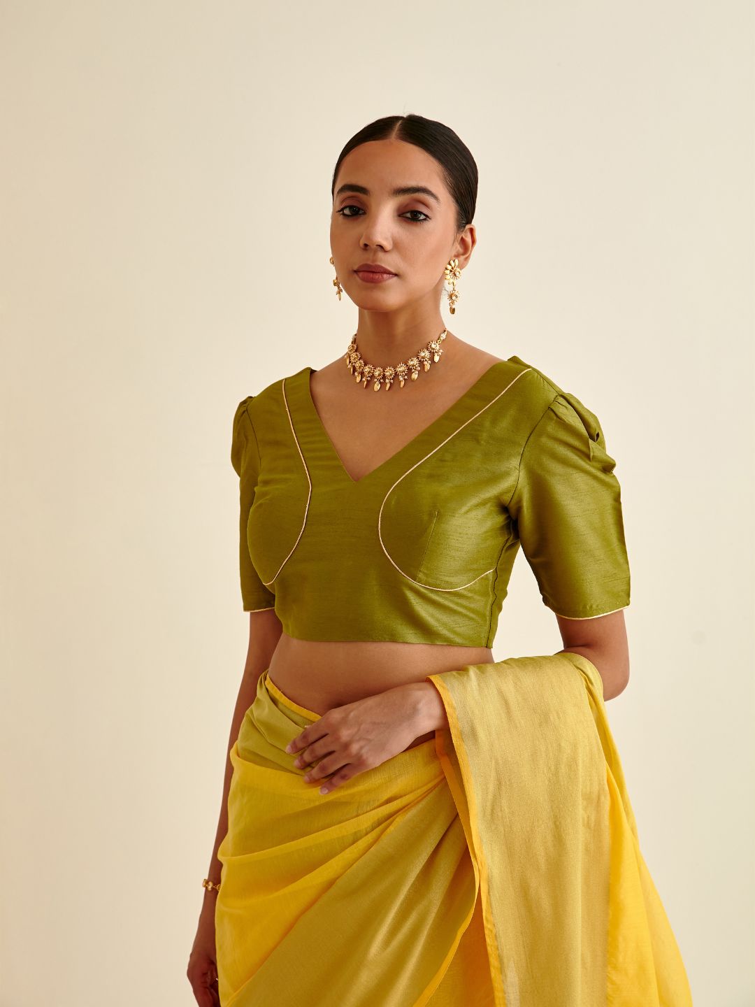 Banarasi Blouse with Mutton sleeves-Sheen green