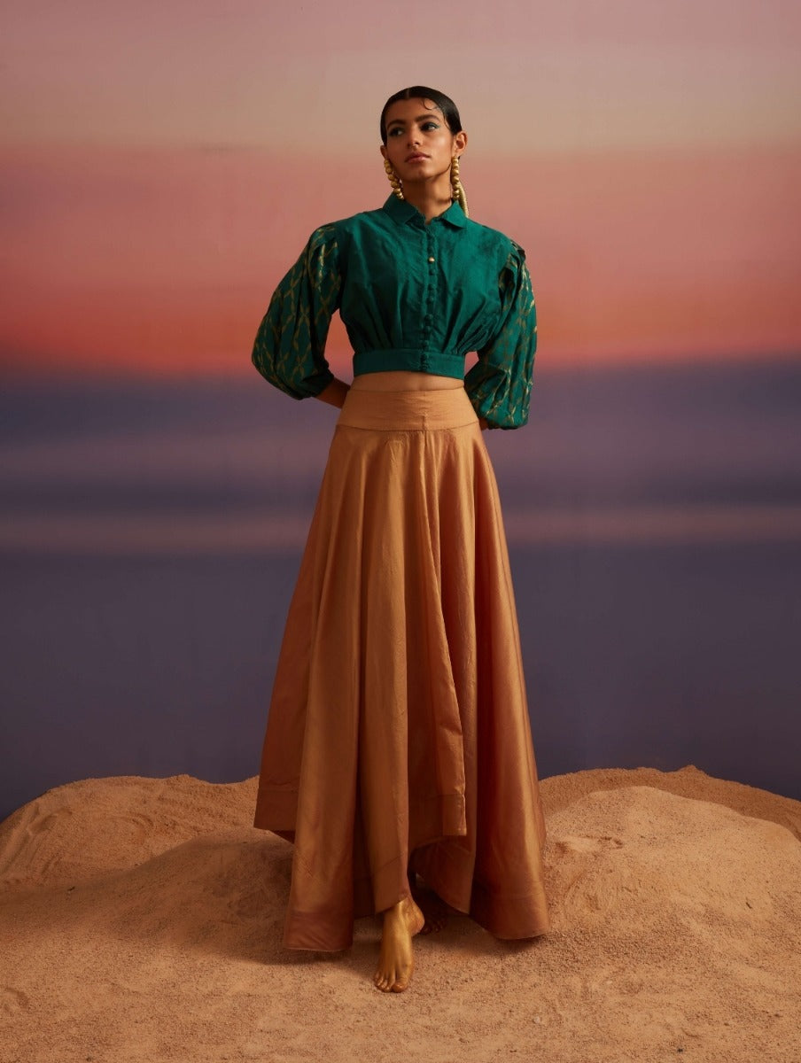 Coral-Green Banarasi Button Down Crop Top