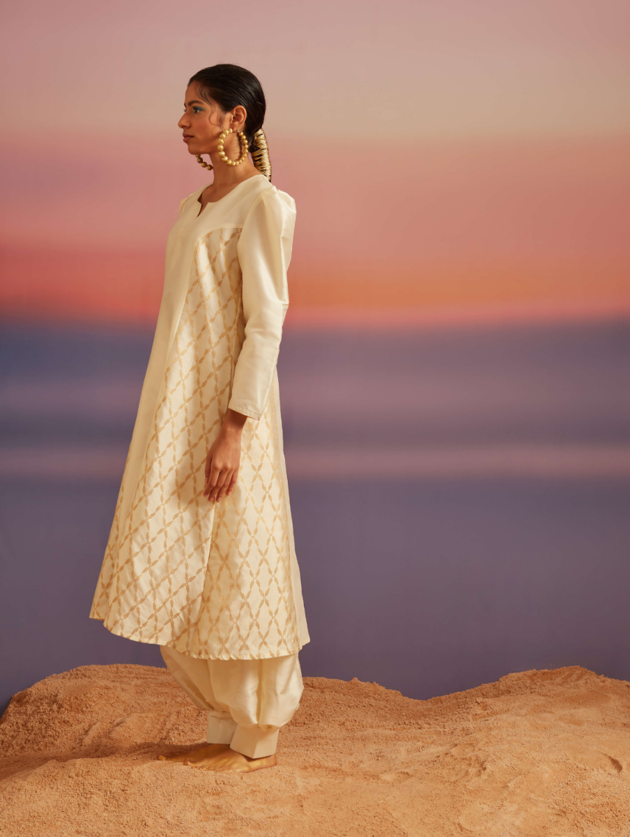 Cloud-Cream Pricness Seam Flared Banarasi Kurta