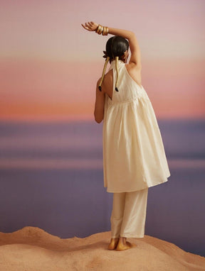 Cloud Cream Banarasi Halter-neck Kurta With Pants