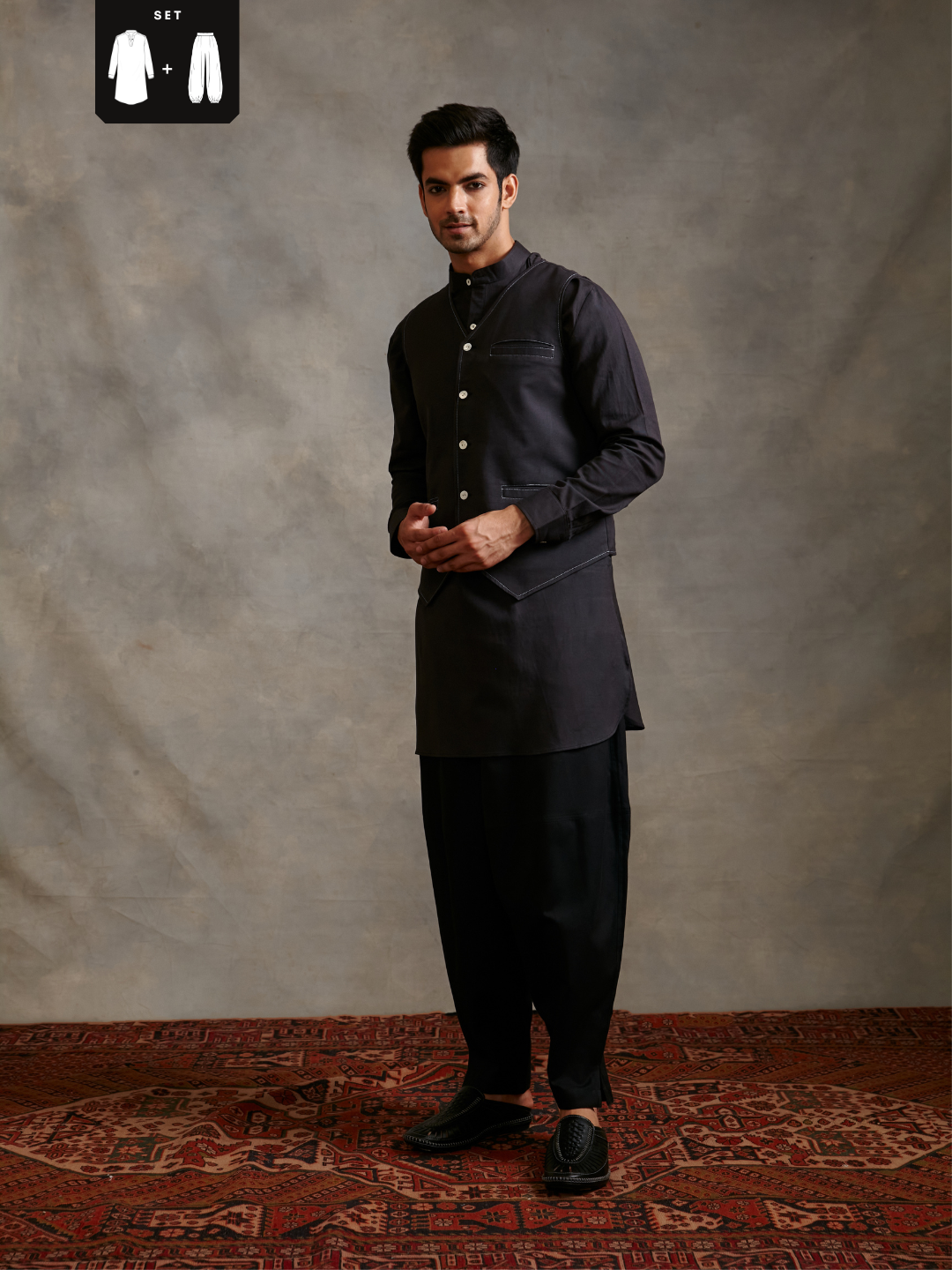 Straight cotton flax kurta with waistcoat and loose pants-Metallic black