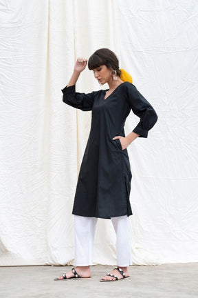Midnight Black Cotton Poplin A-Line Kurta With Pants