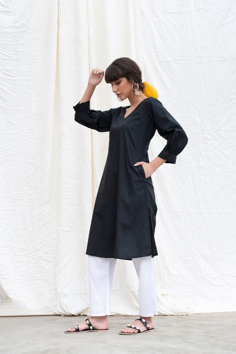 Midnight Black Cotton Poplin A-Line Kurta With Pants