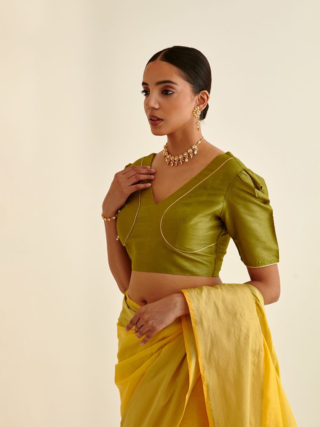 Banarasi Blouse with Mutton sleeves-Sheen green