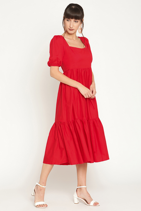 Puff sleeves midi tiered dress with slit-Ruby Woo