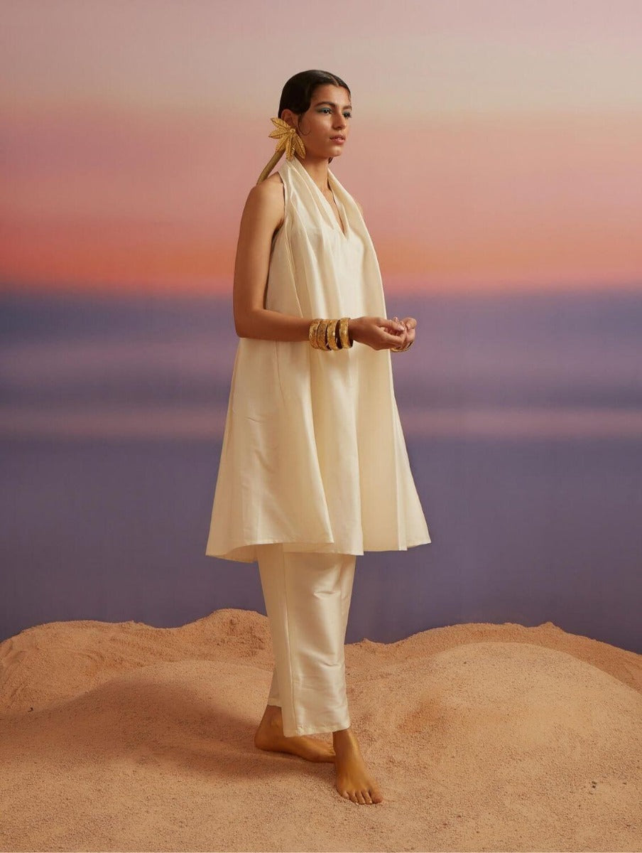 Cloud Cream Banarasi Halter Neck Kurta