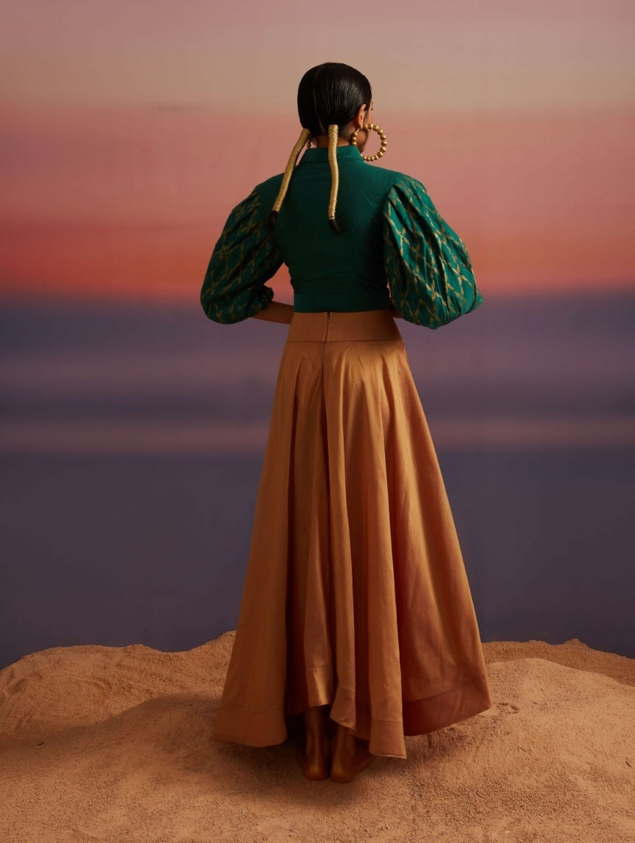 Coral-Green Banarasi Button Down Crop Top