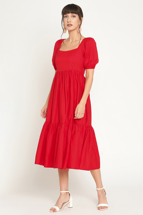 Puff sleeves midi tiered dress with slit-Ruby Woo