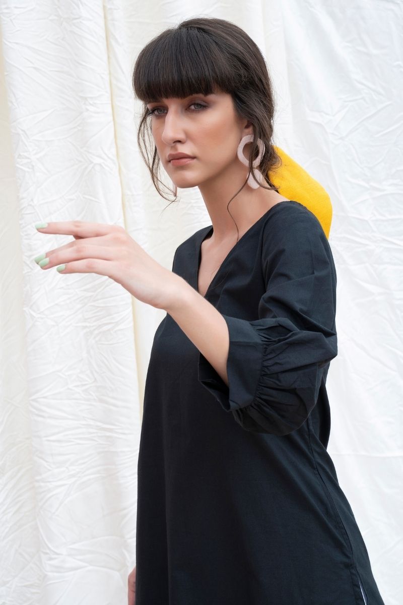 Midnight Black Cotton Poplin A-Line Kurta With Pants