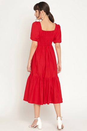 Puff sleeves midi tiered dress with slit-Ruby Woo