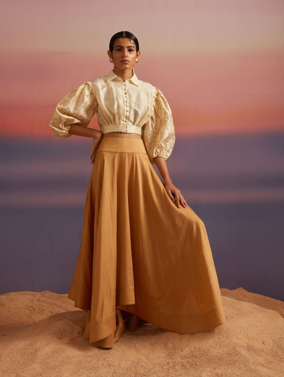 Cloud Cream Banarasi Button Down Crop Top With Skirt