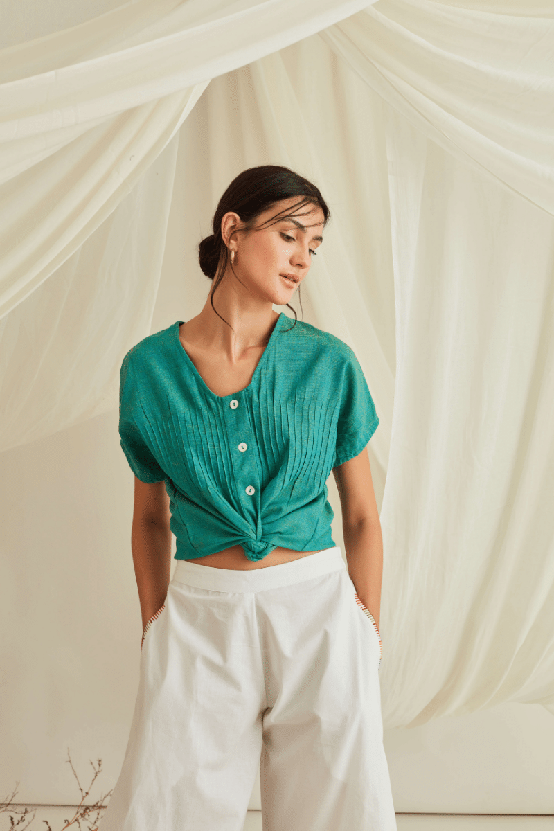 Pintucked button down top with pleated pants-Persian Green+Marshmallow White