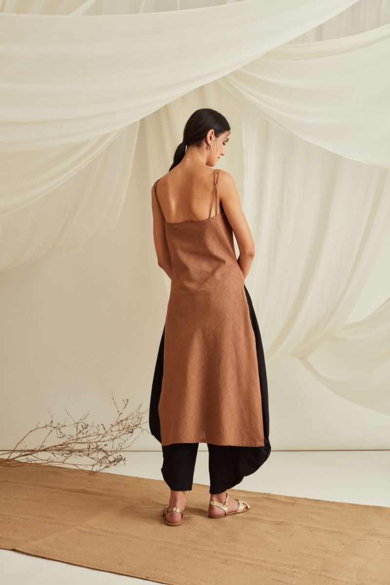 Strappy cowl neck kurta-Russet Brown