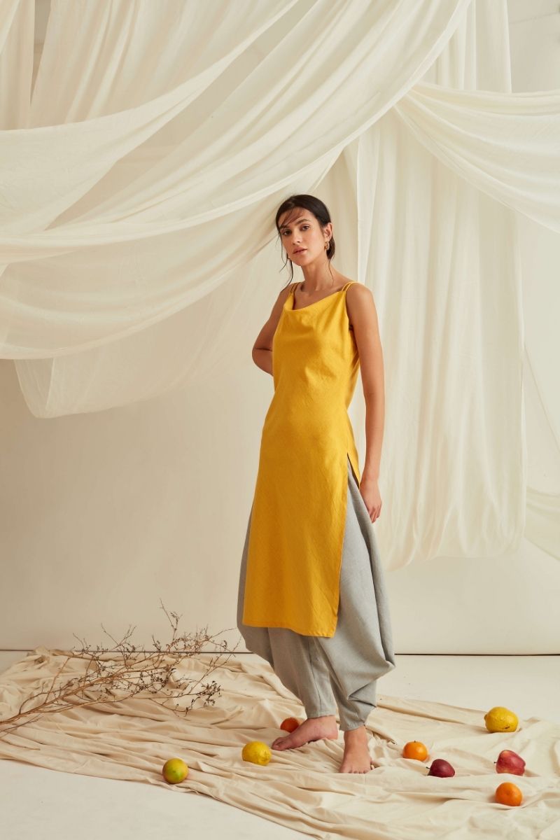 Strappy cowl neck kurta with flared cowl pants-Dandelion Yellow