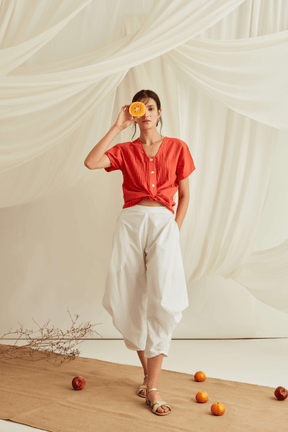 Pintucked button down top with pleated pants-Orange Rust+Marshmallow White