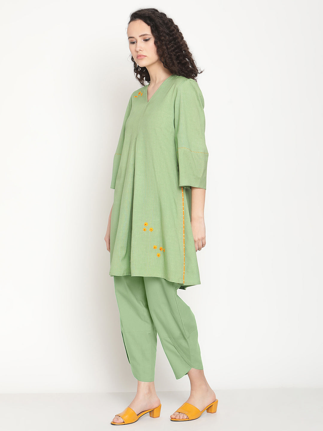 Fern Green Flared Kurta With Overlap Hem Pants