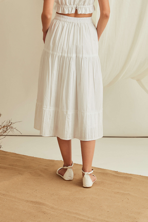 Button down pleated hem tiered skirt-Marshmallow White