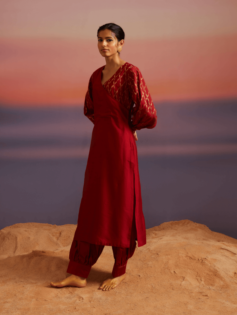 Coral Red Banarasi Kurta Set With Pathani Pants