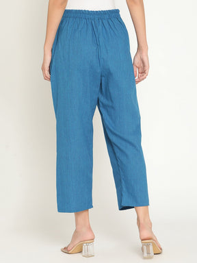 Blue Mangalgiri Straight Pants With Elaticated Waist