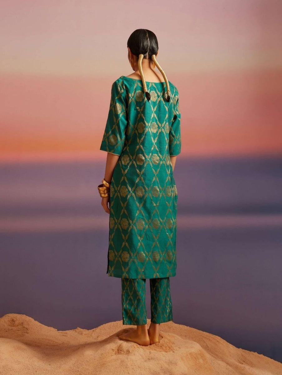 Coral Green Banarasi Straight Kurta With Straight Pants