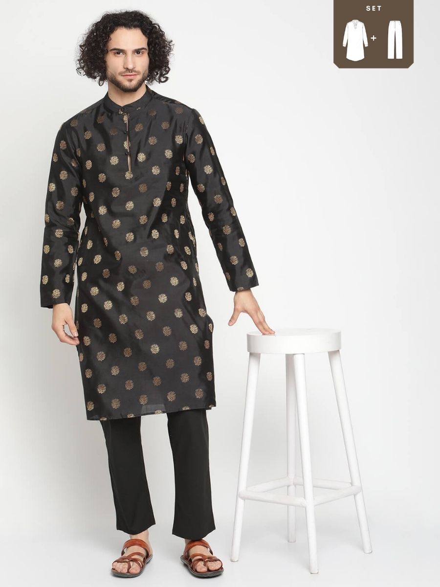 Men Midnight Black Banarasi Kurta With Straight Pyjama