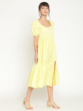 Puff sleeves midi tiered dress with slit-Lemon