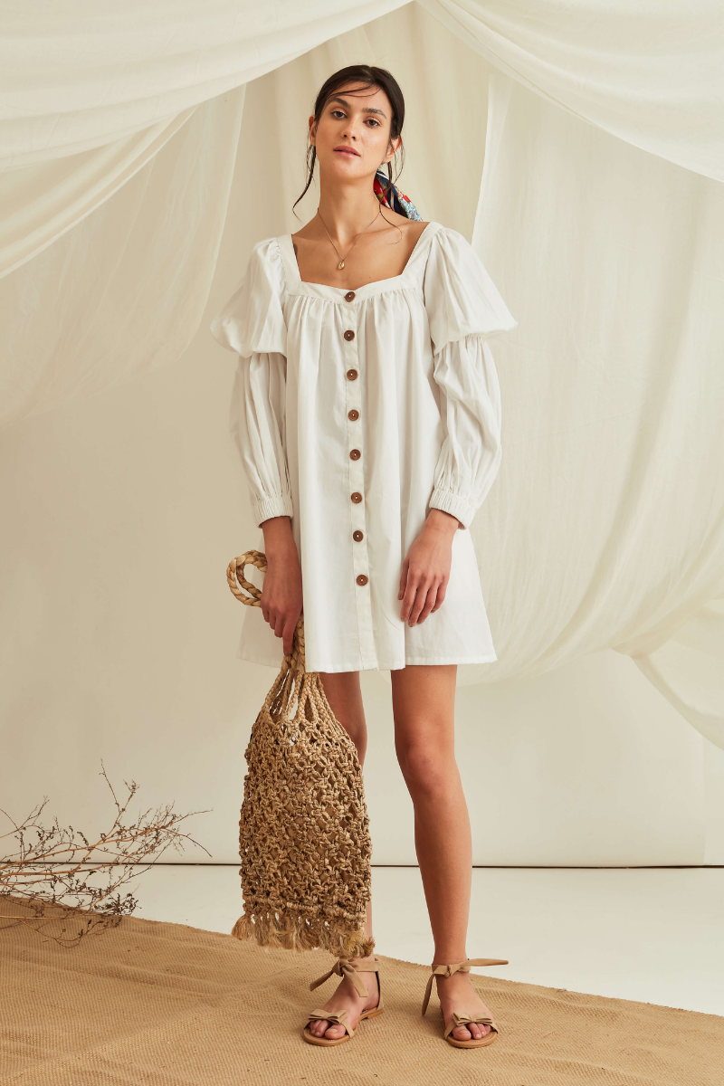 Marie sleeves Button down mini dress-Marshmallow White