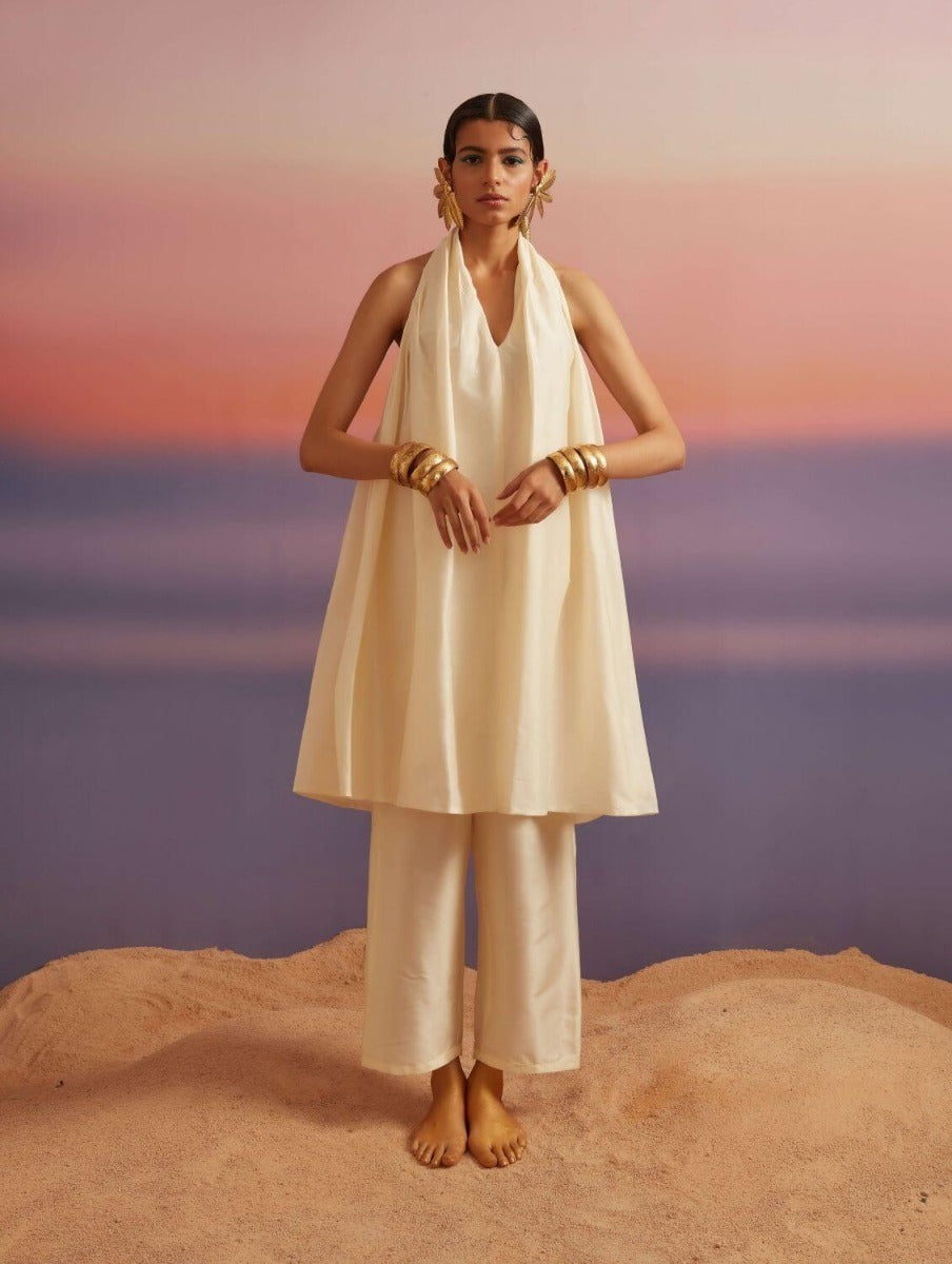 Cloud Cream Banarasi Halter Neck Kurta
