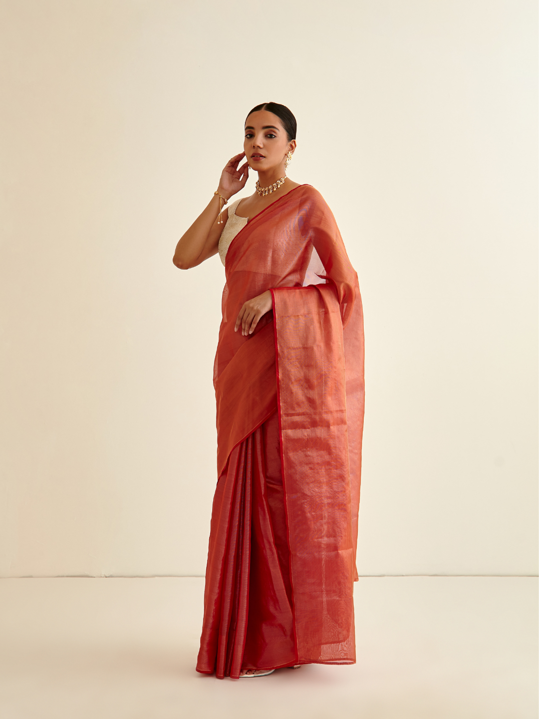 Tissue silk sari-Brick Red