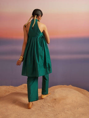Coral Green Banarasi Halter Neck Kurta