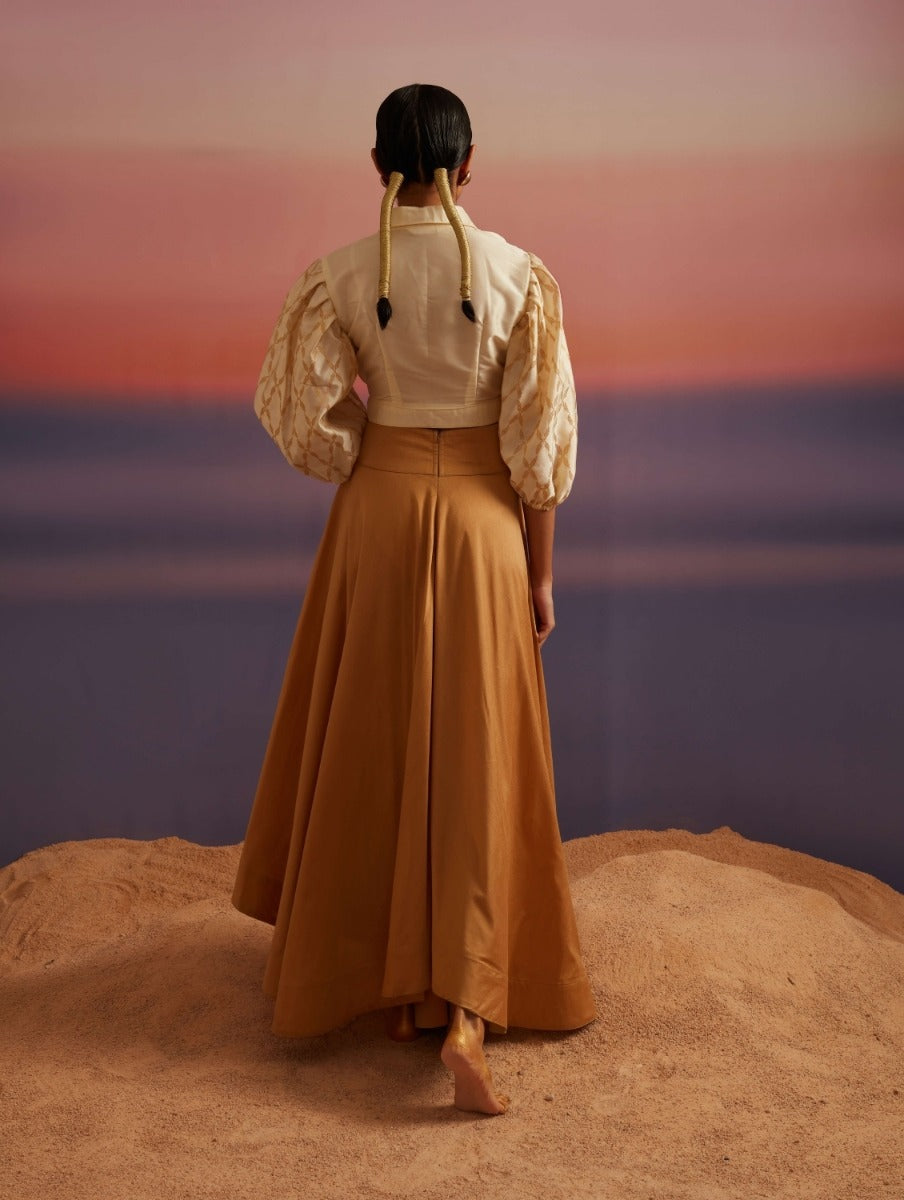 Cloud Cream Banarasi Button Down Crop Top With Skirt
