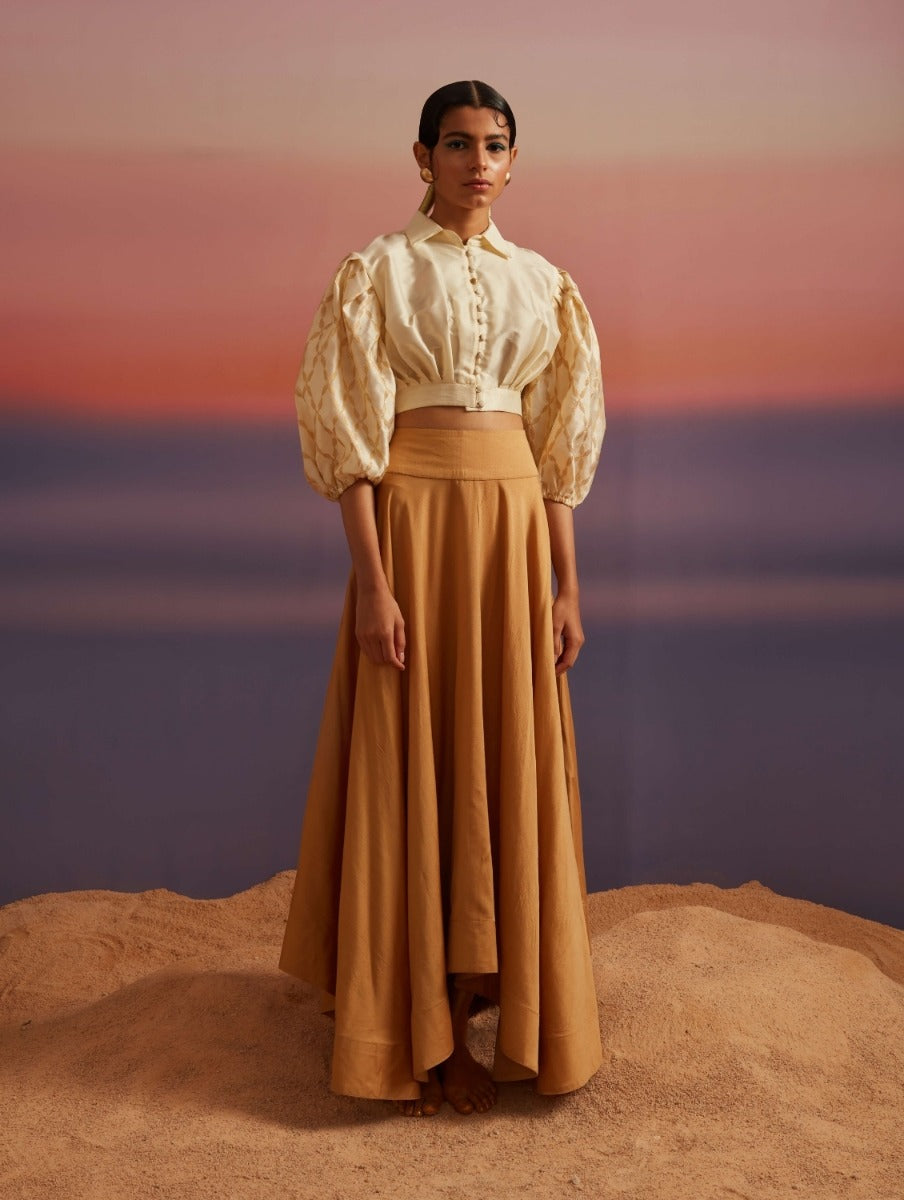 Cloud Cream Banarasi Button Down Crop Top With Skirt
