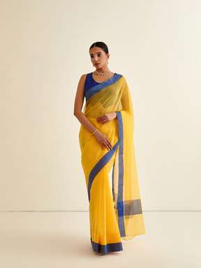Banarasi Woven blue Contrasting border sari-sunflower yellow