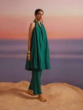 Coral Green Banarasi Halter Neck Kurta