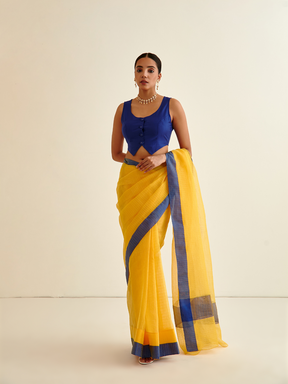 Banarasi Woven blue Contrasting border sari-sunflower yellow