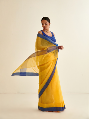 Banarasi Woven blue Contrasting border sari-sunflower yellow