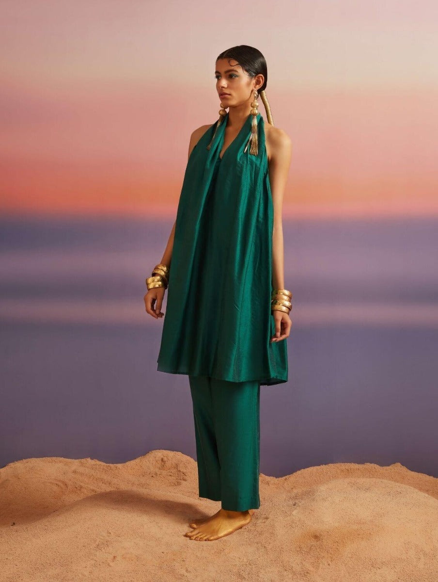 Coral Green Banarasi Halter Neck Kurta